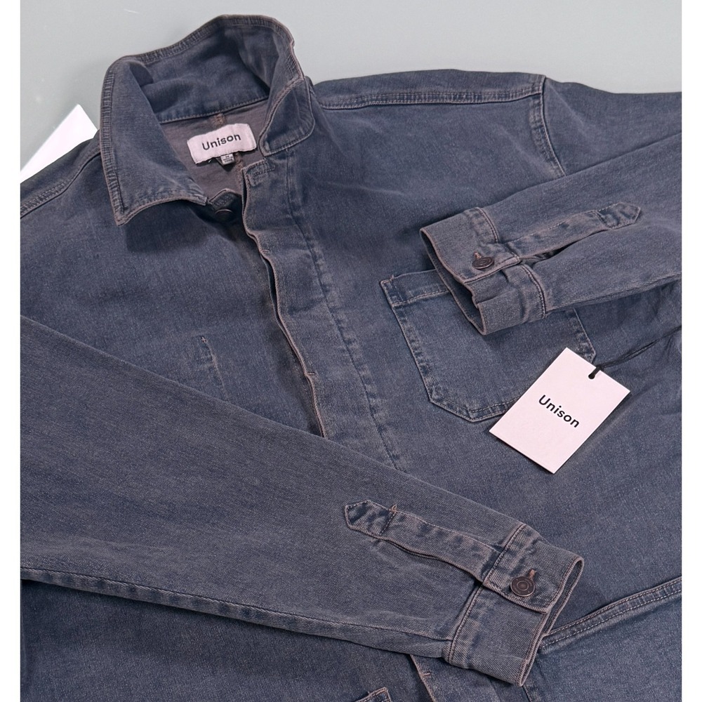 NWT UNISON Solid Blue Cotton Blend Mens Washed Denim Chore Coat - Medium
